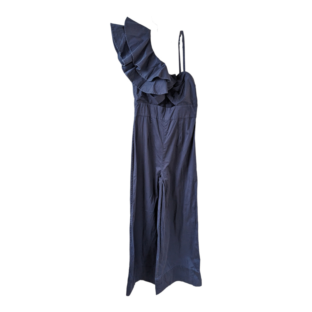 Fame & Partners Size 4 One Sleeve Ruffle Los Feliz Jumpsuit Blue Wide Leg